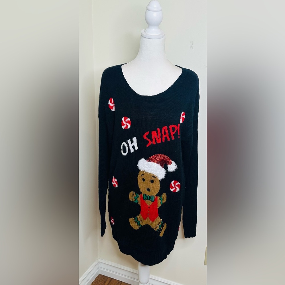 Black Holiday Sweater with Gingerbread Design